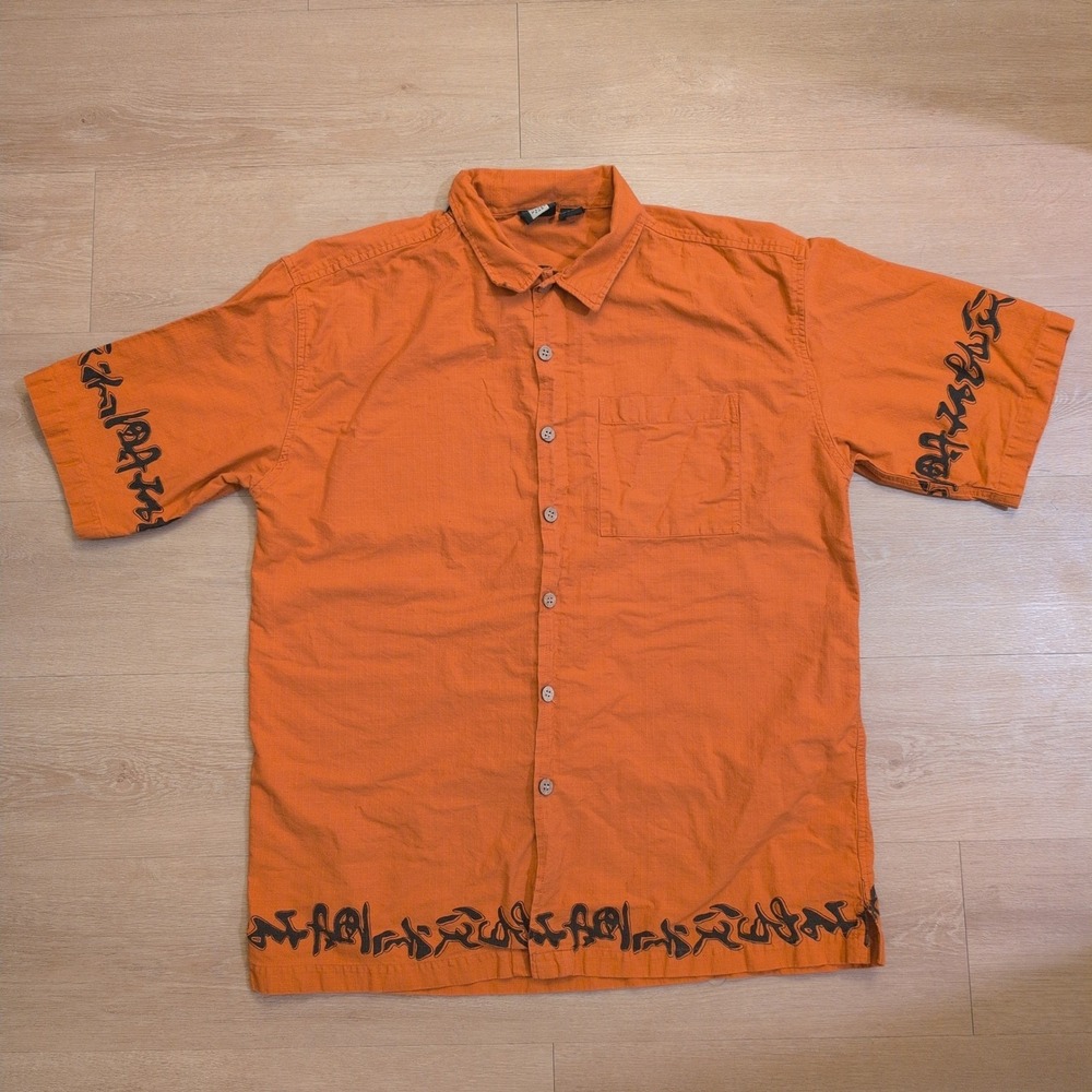 VTG Metro Men XL Orange Button Down Shirt Tribal Print Y2K Streetwear Hawaiian
